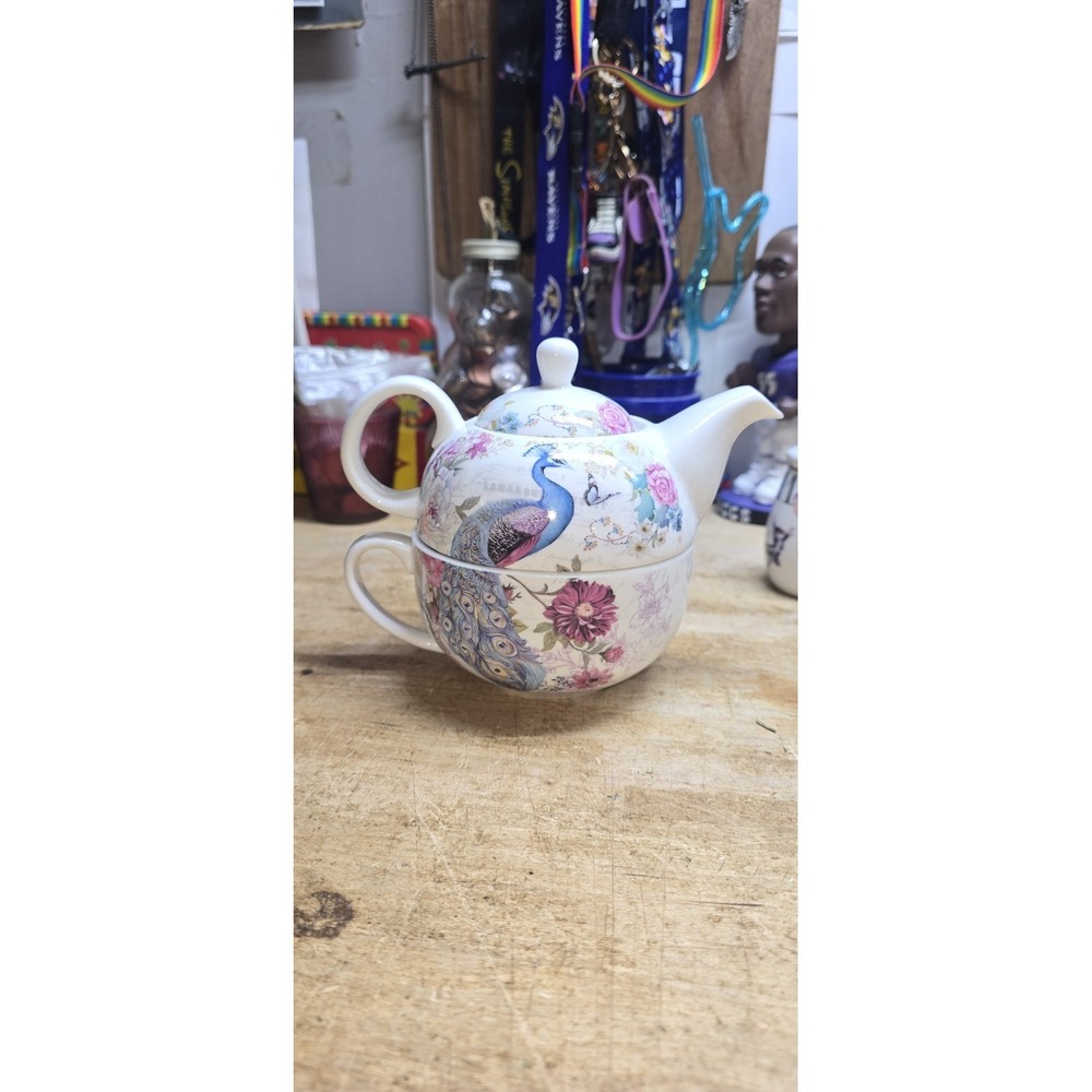 Peacock Tea For One Set Stackable Teapot Cup Mug Floral Pink Gold Tassel Luu BV